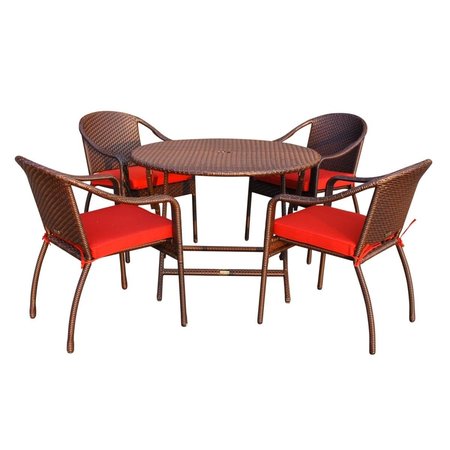 PROPATION 5 Piece Cafe Curved Back Chairs & Folding Wicker Table Dining Set; Red Cushion PR330424